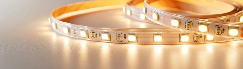 A close-up of illuminated LED strip lights on a smooth surface, showcasing their warm glow and flexible design.