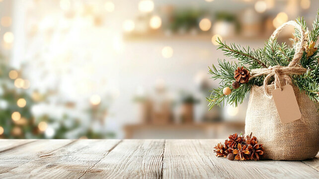Rustic Christmas Decor Burlap Sack with Pine Branches and Pinecones on Wooden Table - Powered by Adobe