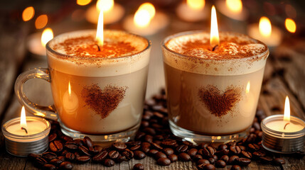Cozy coffee shop scene featuring two heart shaped lattes surrounded by candles and coffee beans, creating warm and inviting atmosphere for relaxation and enjoyment