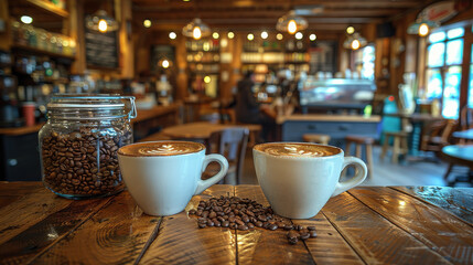 Cozy coffee shop scene featuring two cups of coffee, jar of coffee beans, and warm atmosphere. Perfect for coffee lovers and inviting for relaxation