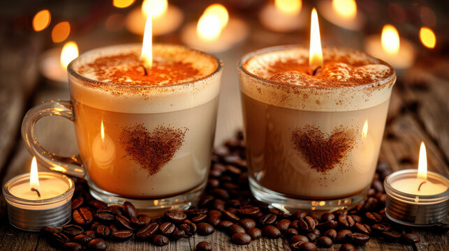 Cozy coffee shop scene featuring two heart shaped lattes surrounded by candles and coffee beans, creating warm and inviting atmosphere for relaxation and enjoyment
