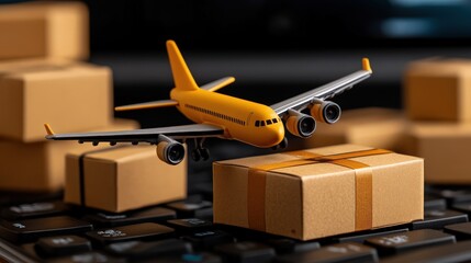 Global Logistics: An airplane model poised above packages symbolize air cargo and worldwide shipping, hinting at the rapid transportation of goods.