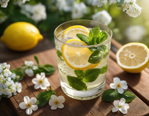 Fototapeta premium A refreshing glass of lemon mint water is decorated with fresh mint leaves and lemon slices, surrounded by white spring blossoms on a wooden surface.