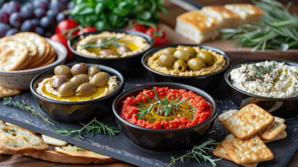Delicious assortment of homemade dips including hummus, olives, and cheese, served with crackers and bread, perfect for gatherings and sharing moments