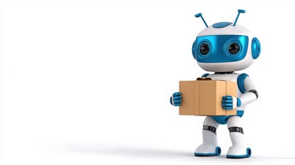 Cute delivery robot holding a cardboard box on a white background