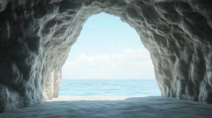 A serene beach cave with a natural archway, framing a stunning view of the expansive ocean under a clear blue sky.