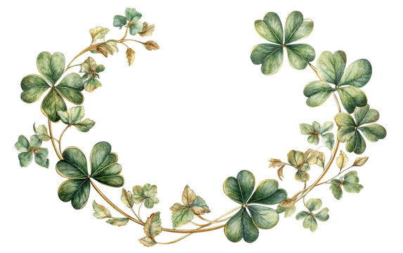 Beautiful Clover Wreath with Gold and Green Touches Isolated Isolated on transparent background.