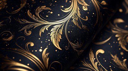 Elegant gold floral pattern on black fabric.