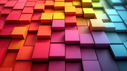 A vibrant, abstract image depicting a three-dimensional grid of small cubes in a spectrum of colors,