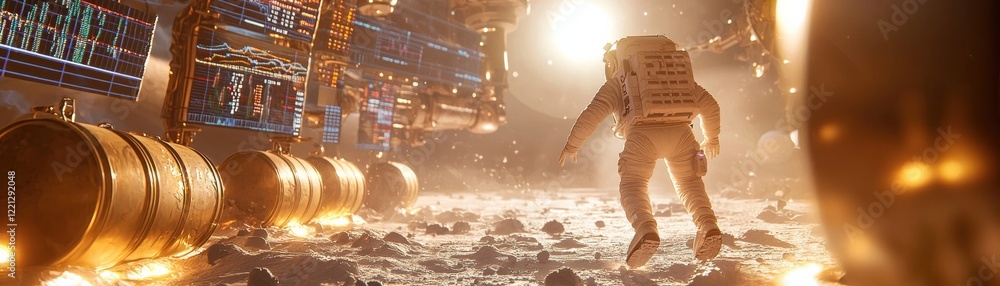 Poster a futuristic scene depicting an astronaut navigating a luminous space environment filled with advanc