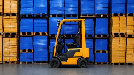 Forklift and Warehouse: A vibrant yellow forklift stands ready in a bustling warehouse environment. Neatly stacked pallets filled with goods, a symbol of logistics, storage, and the industrial sector.