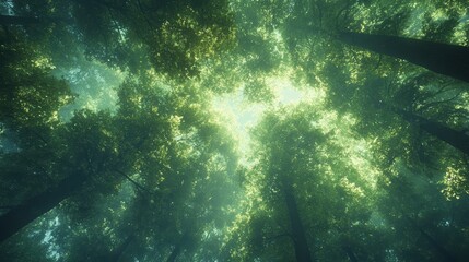 Fototapeta premium Looking up at the green tops of trees