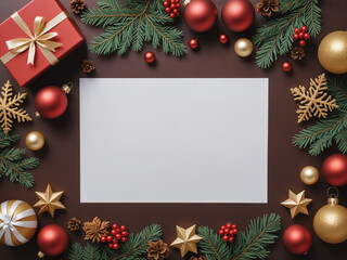 Christmas background with blank paper surrounded by decorations and gift box