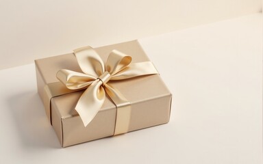 Beige Gift Box with Gold Satin Ribbon Bow