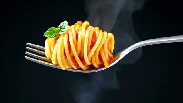 Fork with a piece of spaghetti on it. The spaghetti is covered in sauce and has a green leaf on top