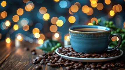 cozy cup of coffee sits on white saucer, surrounded by coffee beans and soft bokeh lights, creating warm and inviting atmosphere perfect for relaxation