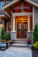 Elegant Home Entrance with Stonework and Columns at Night. Beautiful Exterior Design, Real Estate Photography