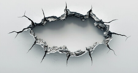 Portrait of a bullet hole with cracks and jagged edges isolated on a plain background 