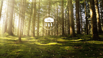 Carbon dioxide icon inside sunny green forest.