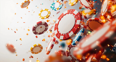 Obraz premium Stock image of poker chips suspended in midair, symbolizing the excitement of a winning streak in a casino. A dynamic representation of luck, risk, and high-stakes gambling 