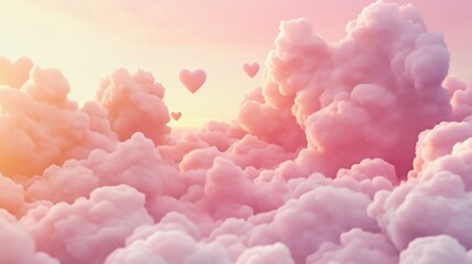 Fototapeta premium Paper hearts float gently among soft clouds, set against a pink background, creating a dreamy and romantic Valentine's Day concept.