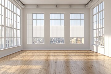 Obraz premium Sunlit empty room with large windows and hardwood floors.