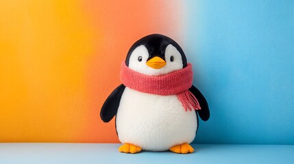 Penguin plush with scarf sitting isolated on a colorful background