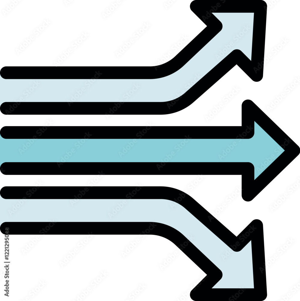 Poster three parallel horizontal arrows changing direction representing different choices and diverging pat