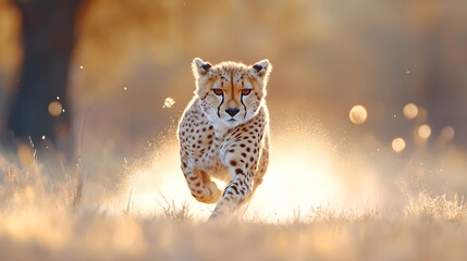 A wild cheetah running at full speed across an open savanna, its sleek body stretched out mid-sprint, wildlife banner