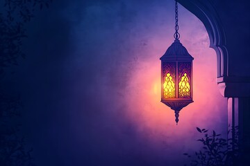 Luxurious, ornately detailed antique bed in a light-filled bedroom. Golden crescent and lantern on ramadan greeting card. Ramazan mubarak or kareem background for arabic holiday. Al-adha and hari raya