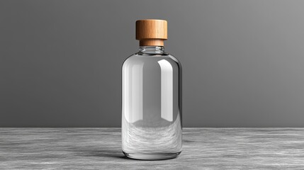 Elegant Clear Glass Bottle with Wooden Cap on Grey Background