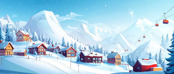 Picturesque ski resort on sunny frosty day, snow-covered mountains, cozy wooden chalets. Slopes for skiers and snowboarders. Winter getaway background. Generative ai