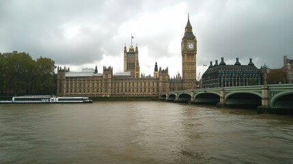 Fototapeta premium London's Iconic Houses of Parliament and Big Ben, a Cloudy Day View