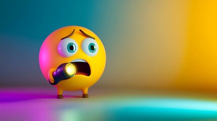 Frightened wide eyed emoji holding a flashlight isolated on a colorful background