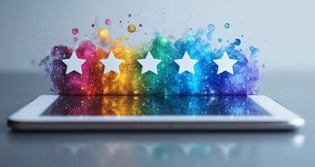 Stock image of a tablet displaying five stars feedback, concept of customer satisfaction review stars