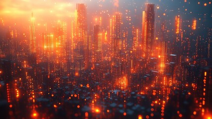 Obraz premium A futuristic digital landscape featuring a network of glowing blue and orange lines and grids,
