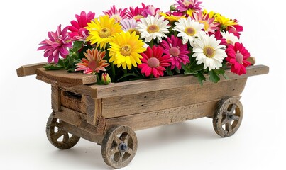 A wooden cart with a bouquet of colorful daisies, isolated on a white background, Generative AI.