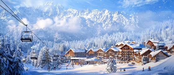 Picturesque ski resort on sunny frosty day, snow-covered mountains, cozy wooden chalets. Slopes for skiers and snowboarders. Winter getaway background. Generative ai