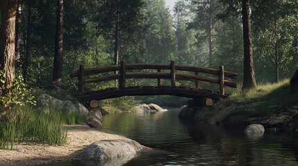 Fototapeta premium Wooden bridge crossing a tranquil forest stream surrounded by lush greenery, illustrating peaceful natural landscapes and rustic pathways.