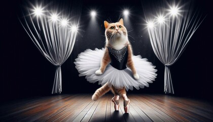 Realistic full body image with front camera in the center, cat performing ballet, dressed as a ballerina, gracefully posing on a theater stage