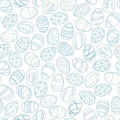 Seamless pattern with Easter eggs decorated with various ornaments: lines, dots, flowers and geometric elements. Light background emphasizes the elegance of the pattern.