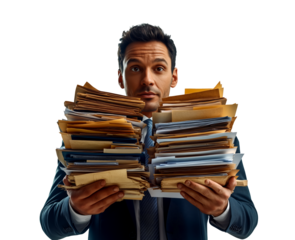 A businessman, holding numerous documents, looks at the camera with a humorous, confused, and determined expression.