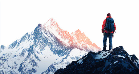 Stock image of traveler with backpack climbing snowy mountains isolated on a white background, concept of travel and explorations