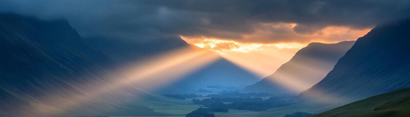 Obraz premium Golden rays breaking through clouds, illuminating a serene landscape