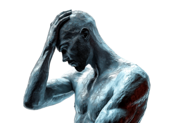 A blue abstract sculpture of a man with his hand on his forehead, deep in thought, is isolated on a transparent background.