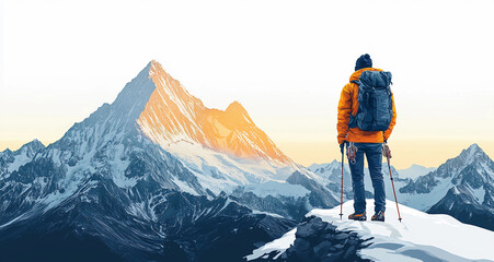 Stock image of traveler with backpack climbing snowy mountains isolated on a white background, concept of travel and explorations