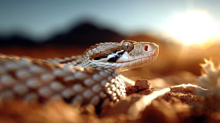 Fototapeta premium Rattlesnake in Desert: A western diamondback rattlesnake coiled on red desert sand. Reptile. Wildlife. Snakes.