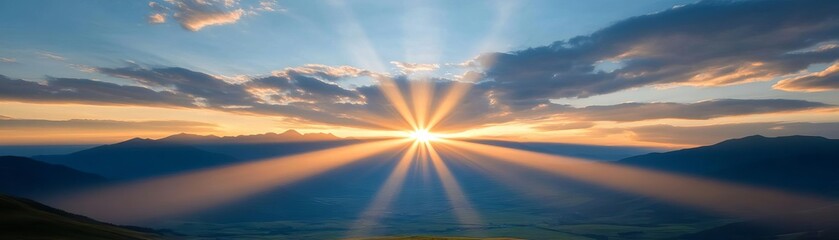 Golden rays breaking through clouds, illuminating a serene landscape