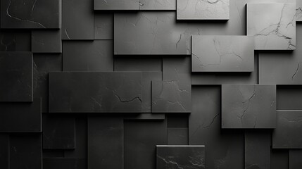 Dark textured wall with geometric black panels creating a modern design in minimalistic style