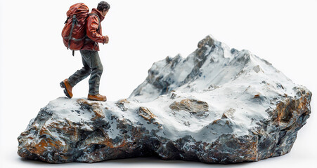 Image icon of traveler with backpack climbing snowy mountains isolated on a white background, concept of travel and explorations
